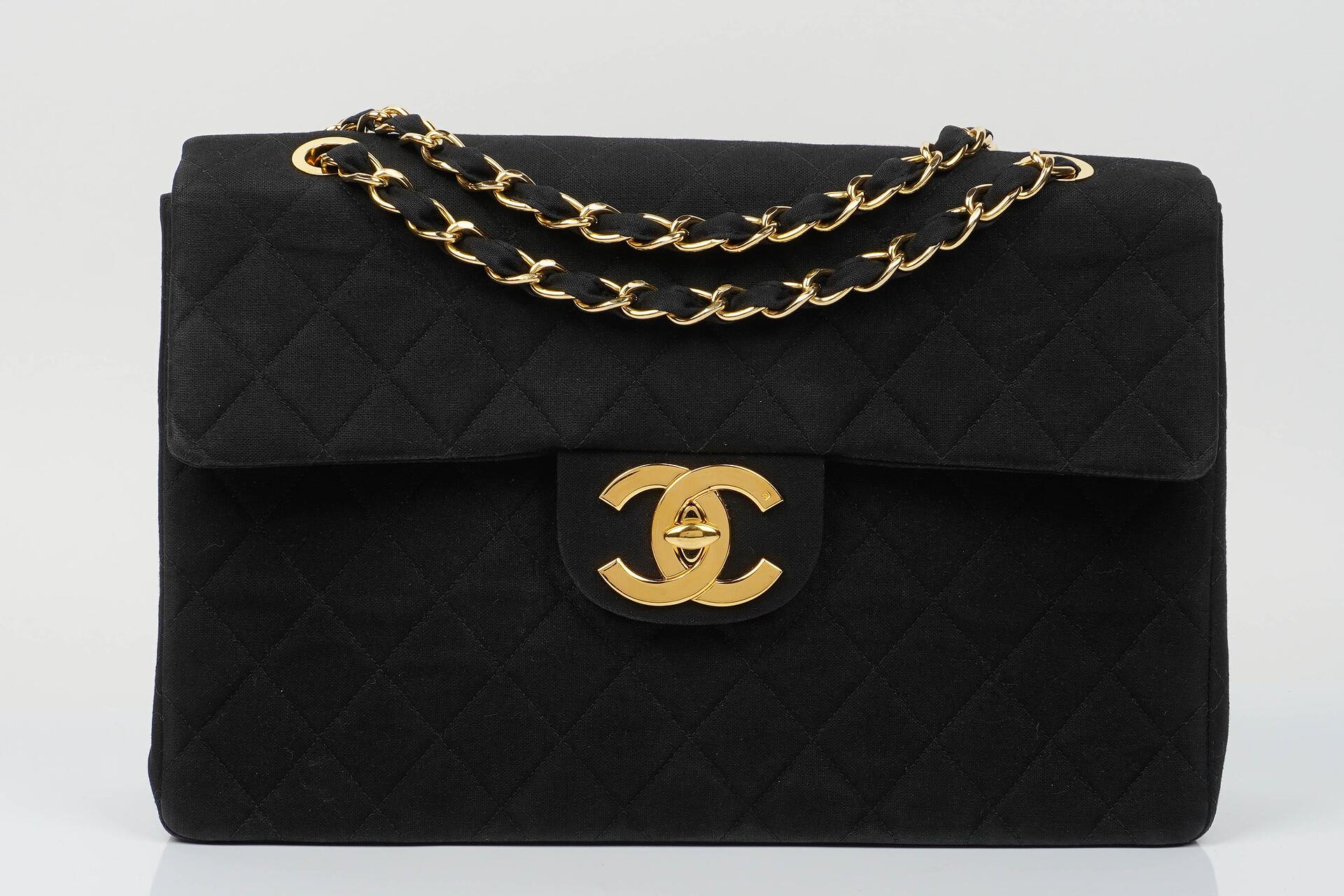 Chanel Maxi Jumbo XL Flap Bag In Black Quilted Jersey And 24K Gold-Plated  Hardware