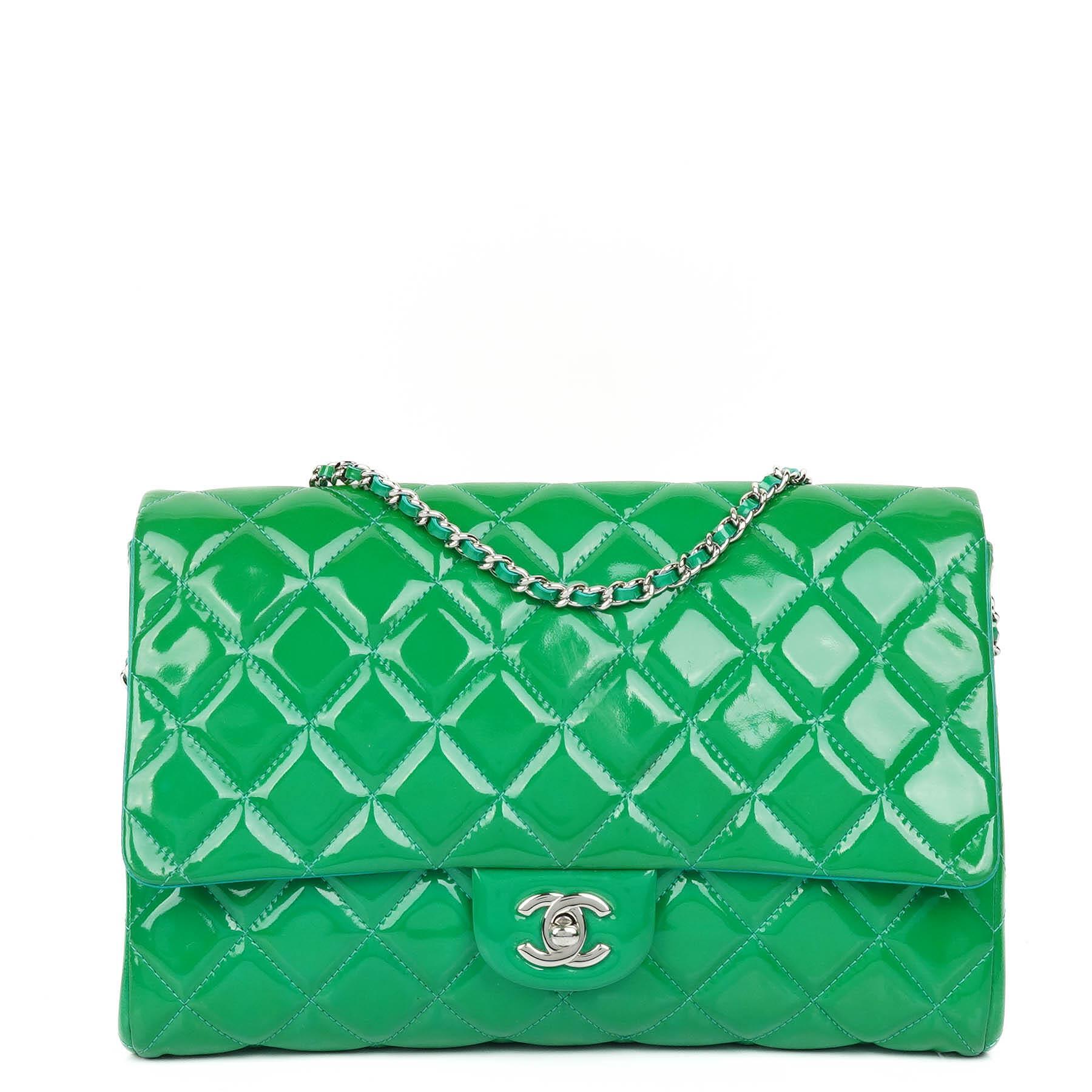 Chanel Green Quilted Patent Leather Classic Flap Bag With Silver