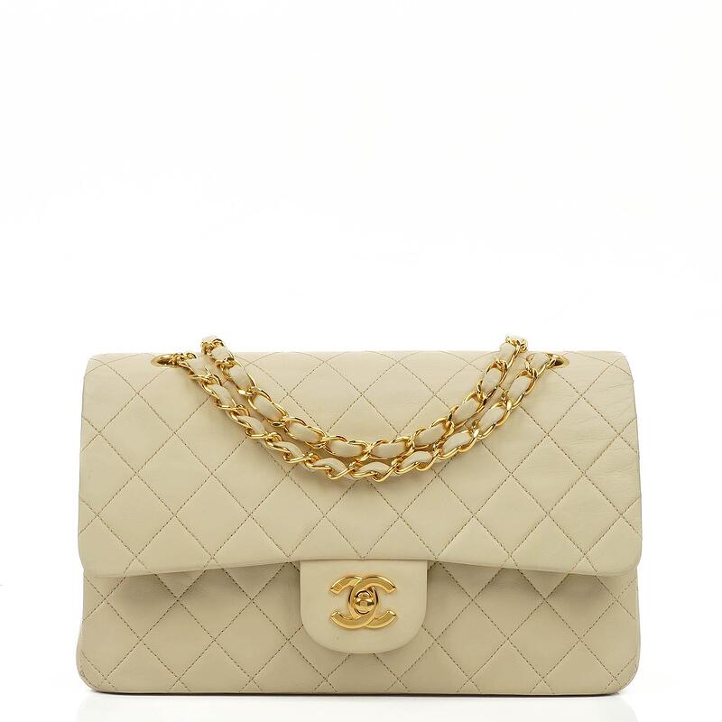 Chanel Classic Medium Double Flap Bag In Ivory Quilted Lambskin And 24K Gold Plated Hardware