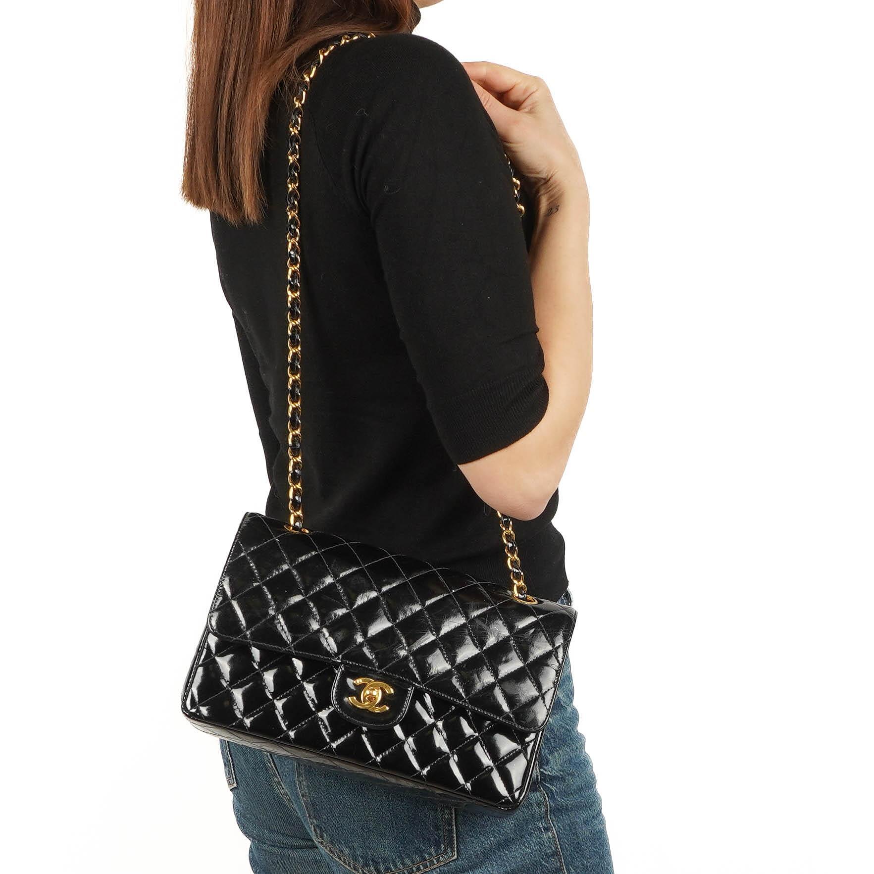 Chanel Classic Medium Vintage Double Flap Bag In Black Quilted Patent Leather And 24K Gold Plated Hardware