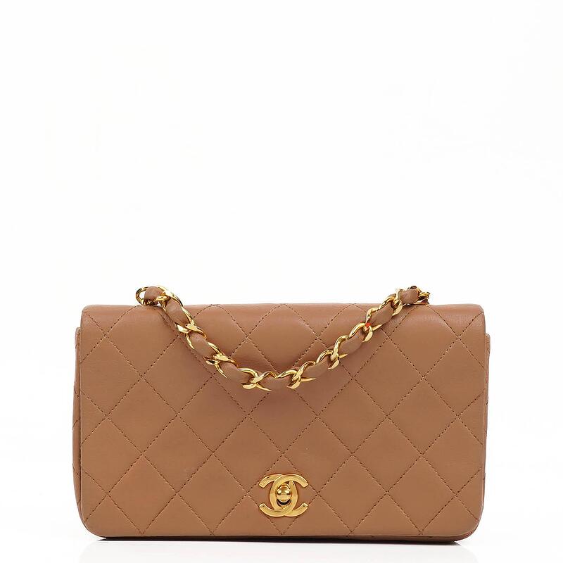 Chanel Mini Classic Cappuccino Quilted Lambskin Leather Full Flap Wallet On Chain WOC With 24K Gold Plated Hardware