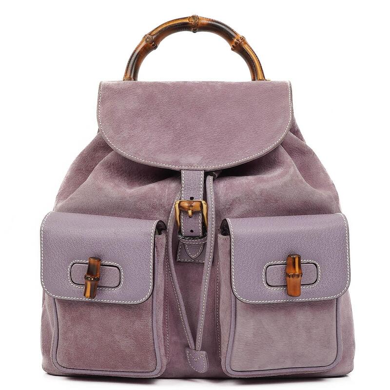 Gucci Vintage Bamboo Backpack In Purple Suede and Leather