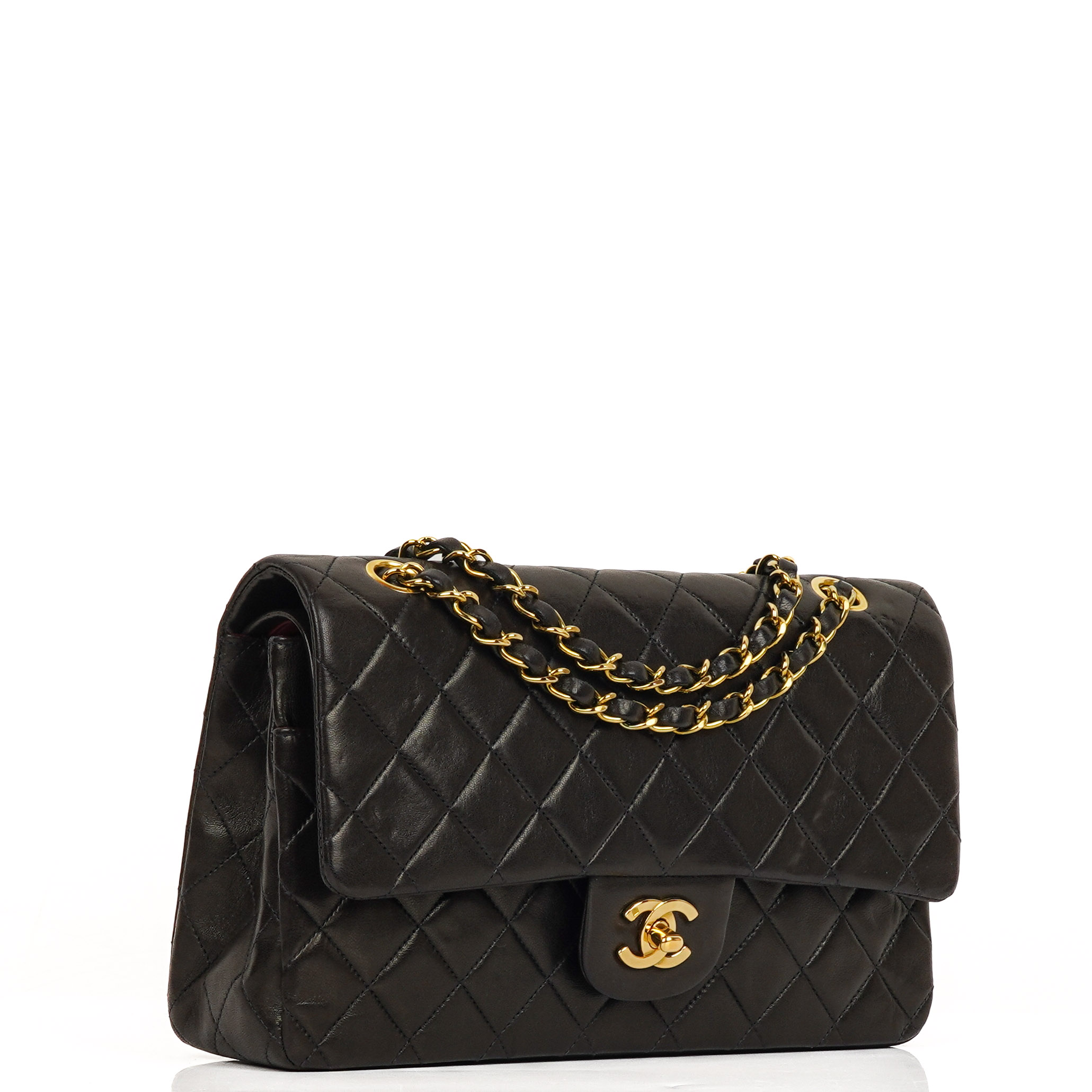 Chanel Medium Classic Vintage Double Flap Bag Black Quilted Lambskin With 24K Gold Plated Hardware