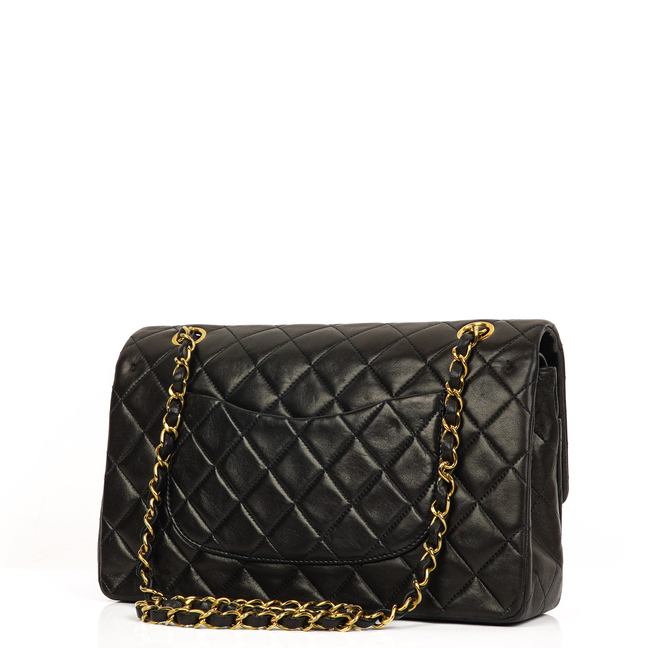 Chanel Medium Classic Vintage Double Flap Bag Black Quilted Lambskin With 24K Gold Plated Hardware
