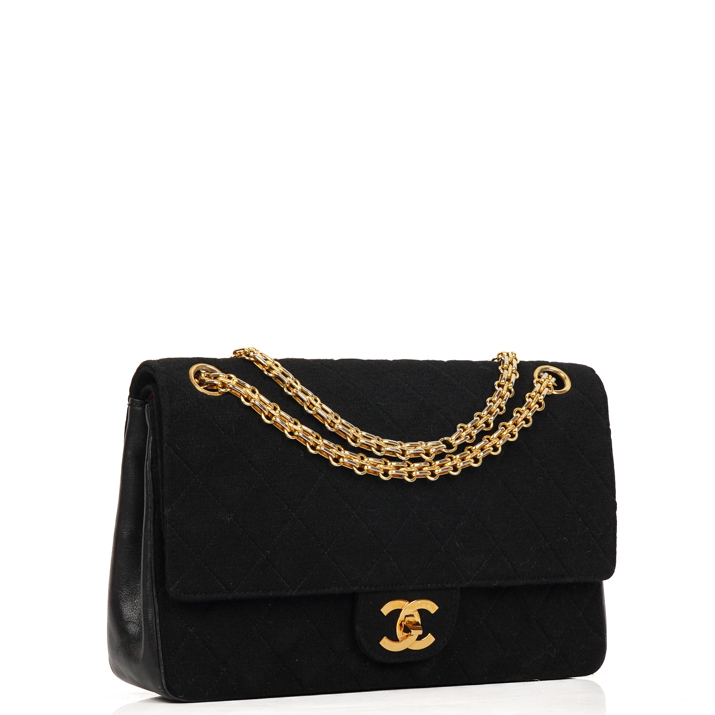 Chanel Medium Classic Vintage Double Flap Bag In Black Quilted Jersey And Leather With 24K Gold
