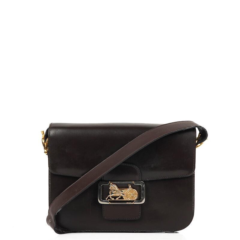 Pre Loved Vintage Celine Caleche Horse Carriage Brown Box Calf Shoulder Bag