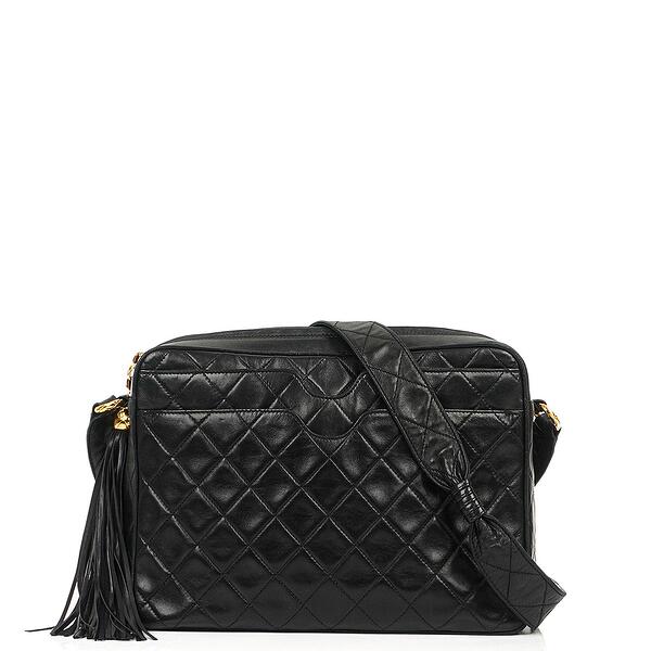 Chanel Vintage Camera Tassel Bag Black Quilted Lambskin Gold Tone Hardware