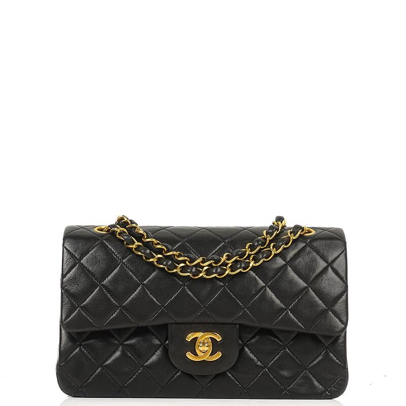 Genuine Pre Owned Chanel Vintage Small Classic Double Flap Bag Black Quilted Lambskin With 24K Gold Plated Hardware