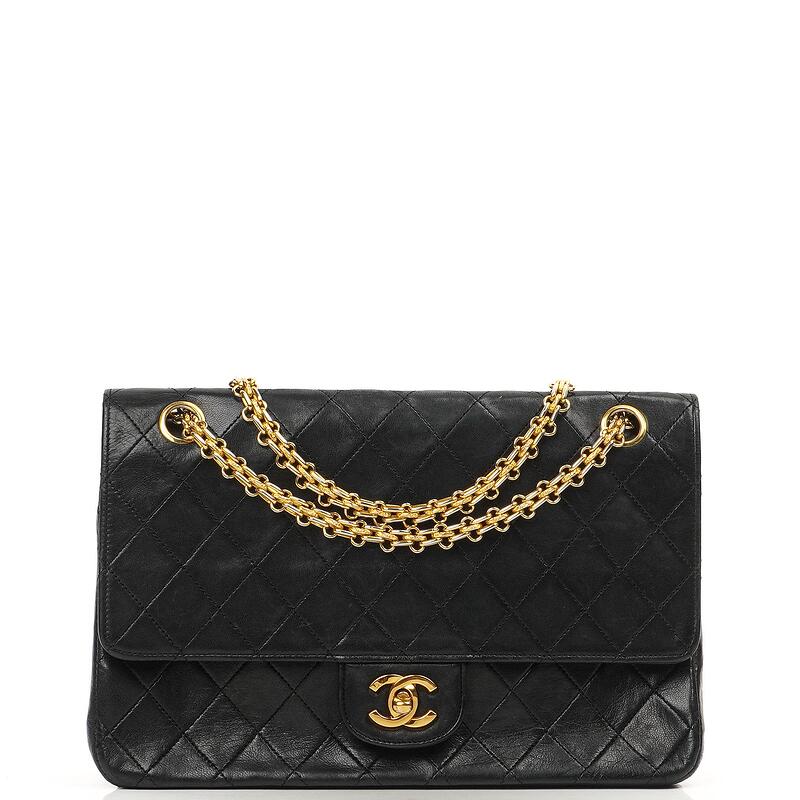 Auth Pre Owned Chanel Vintage Medium Classic Double Flap Bag In Black Quilted Lambskin With 24K Gold Plated Hardware And Mademoiselle Chain