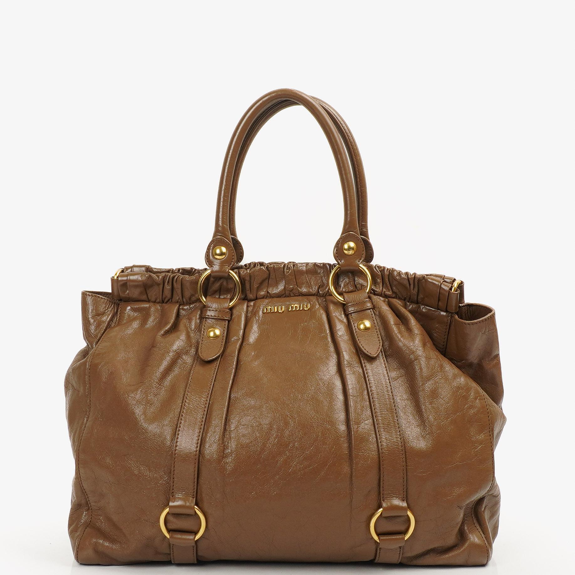 Miu Miu Vitello Shopping Tote Shine Lux Brown Satchel Bag