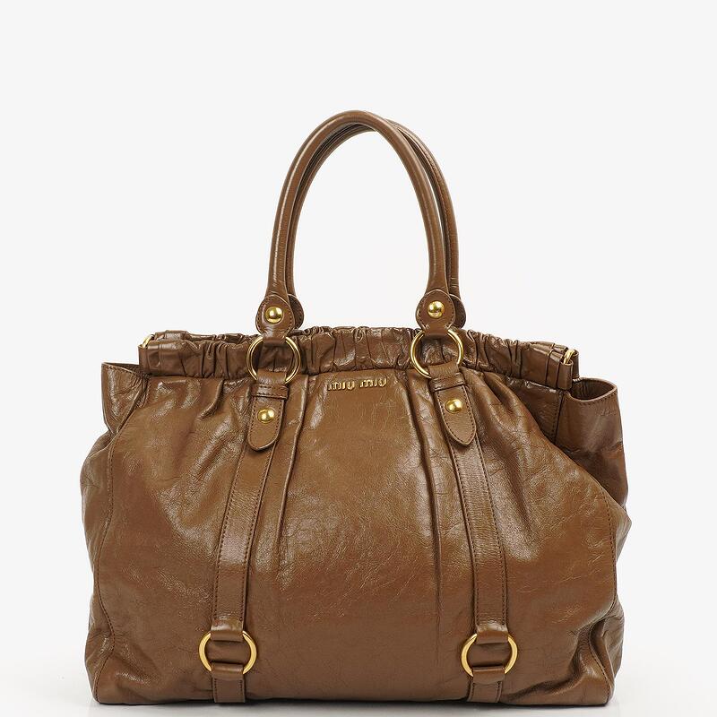 Miu Miu Vitello Shopping Tote Shine Lux Brown Satchel Bag