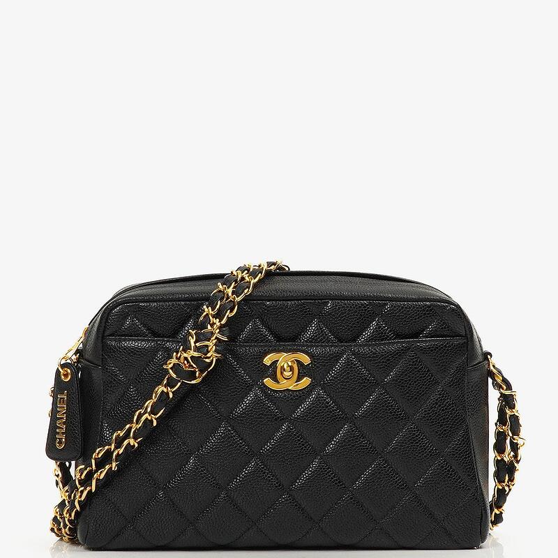 Auth Pre Owned Chanel Vintage Front Pocket Camera Bag Black Quilted Caviar Leather With 24K Gold Plated Hardware