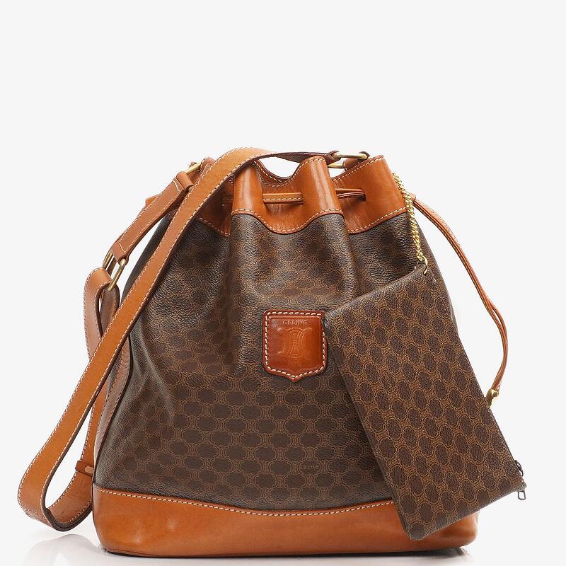 Pre-Owned Celine Vintage Macadam Triomphe Brown Drawstring Bucket