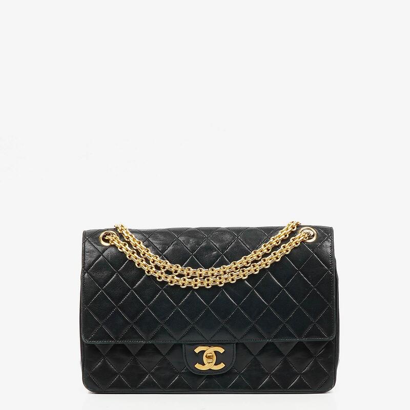 Chanel Vintage Timeless Classic Medium Double Flap Bag Black Quilted Lambskin With 24K Gold Plated Hardware And Mademoiselle Chain