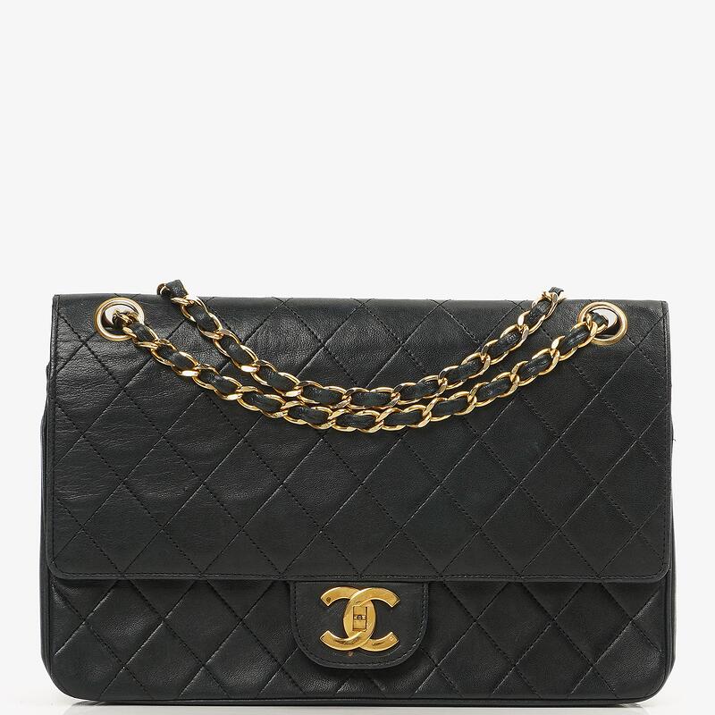 Chanel black bag with gold chain price on sale