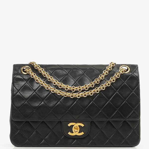Chanel Vintage Medium Timeless Classic Double Flap Bag Black Quilted Lambskin With 24K Gold Plated Hardware