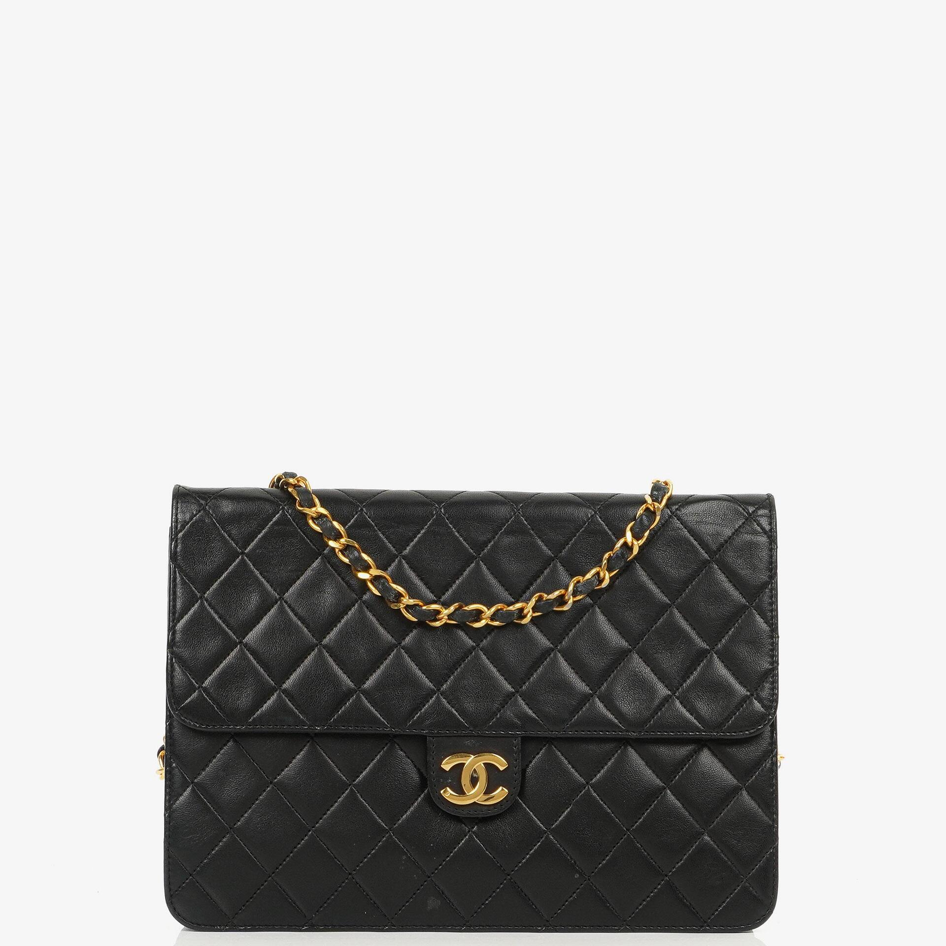 Genuine Pre Owned Chanel Vintage Medium Classic Single Flap Bag Black Quilted Lambskin With 24K Gold Plated Hardware