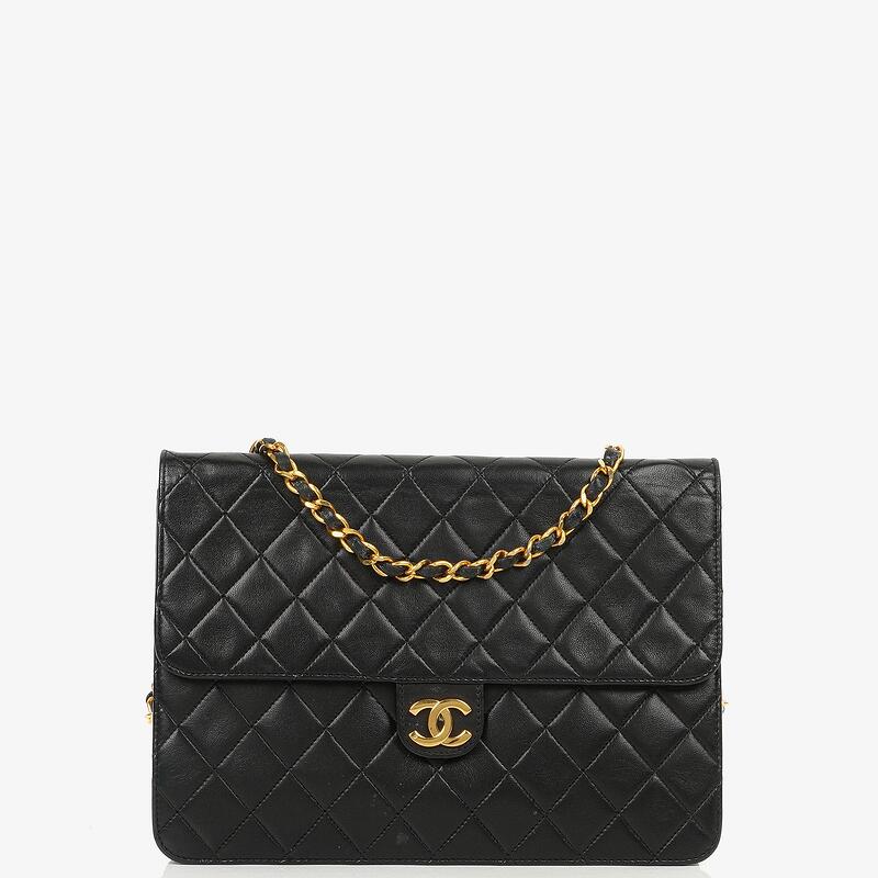 Genuine Pre Owned Chanel Vintage Medium Classic Single Flap Bag Black Quilted Lambskin With 24K Gold Plated Hardware