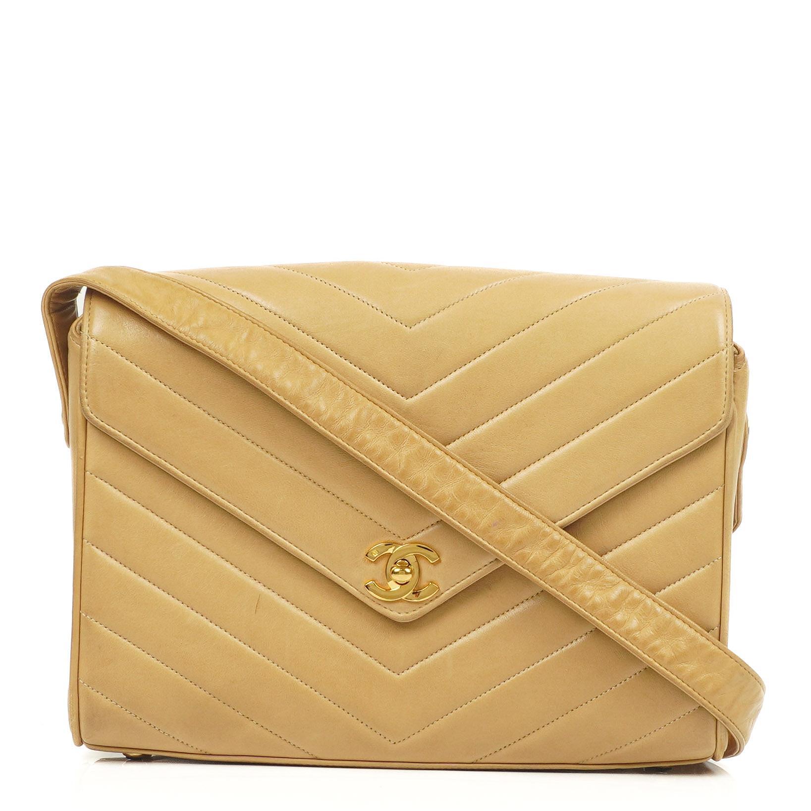 Chanel Envelope Beige Chevron Quilted Crossbody Bag With 24K Gold Plated Hardware