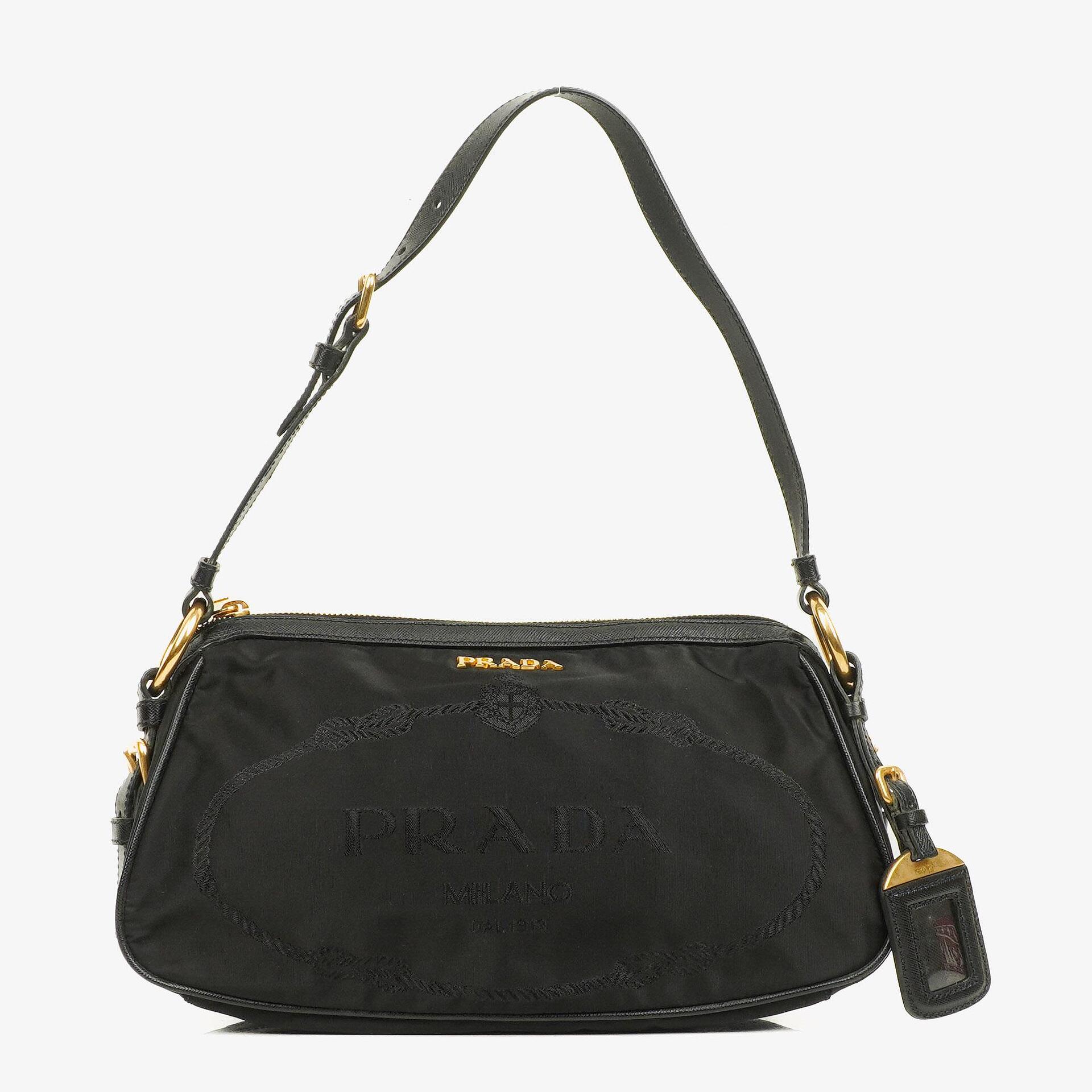 バッグ PRADA TESSUTO NYLON LOGO SHOULDER BAG Pre-Loved Prada Tessuto Black Nylon Jacquard Logo Shoulder Bag
