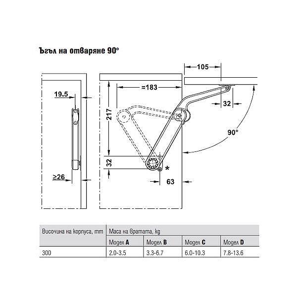 Механизъм за повдигане на врата Häfele Maxi с височина на вратата 300- 100 mm, 2-7 kg