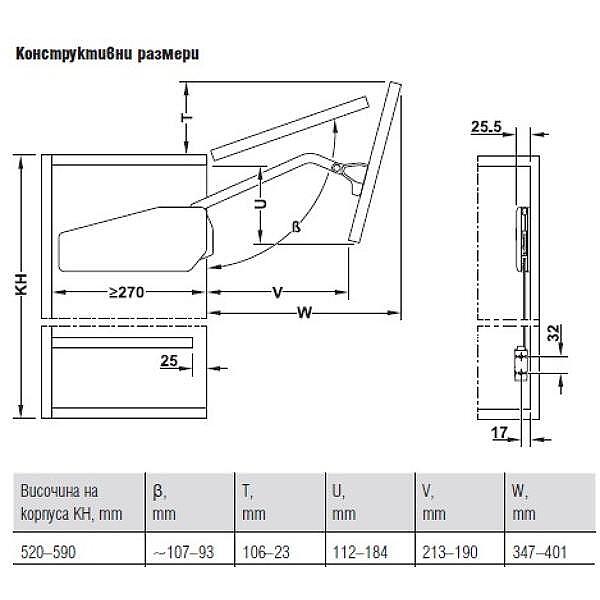 Механизъм за повдигащи се сгъваеми врати, къс Free fold short с височина на корпуса 520-590 mm, 2.4- 15.2 kg