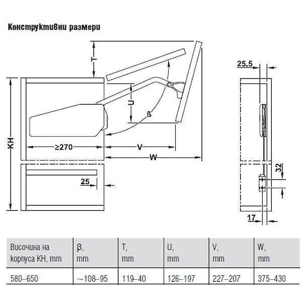 Механизъм за повдигащи се сгъваеми врати, къс Free fold short с височина на корпуса 580-650 mm, 2.1-17.3 kg