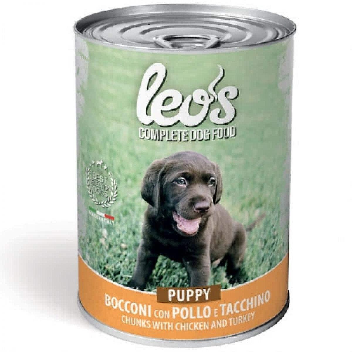 Leos Puppy с пилешко и пуешко – консерва хапки в сос – за подрастващи кученца 415 гр.