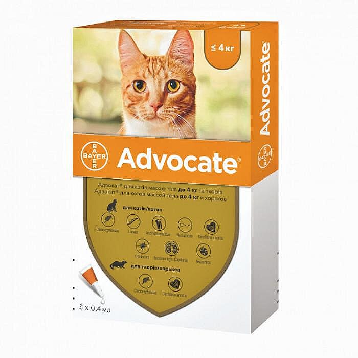Bayer Advocate Cat - комбиниран препарат срещу външни и вътрешни паразити, за котки до 4 килограма / кутия с три броя пипети /