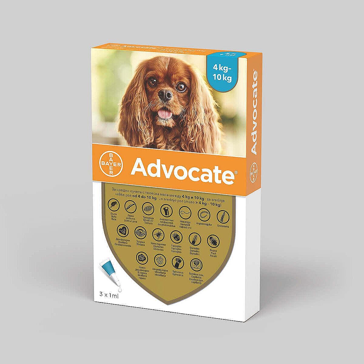 Bayer Advocate dog - за кучета от 4 до 10 кг - комбиниран препарат срещу вътрешни и външни паразити / кутия с три броя пипети /