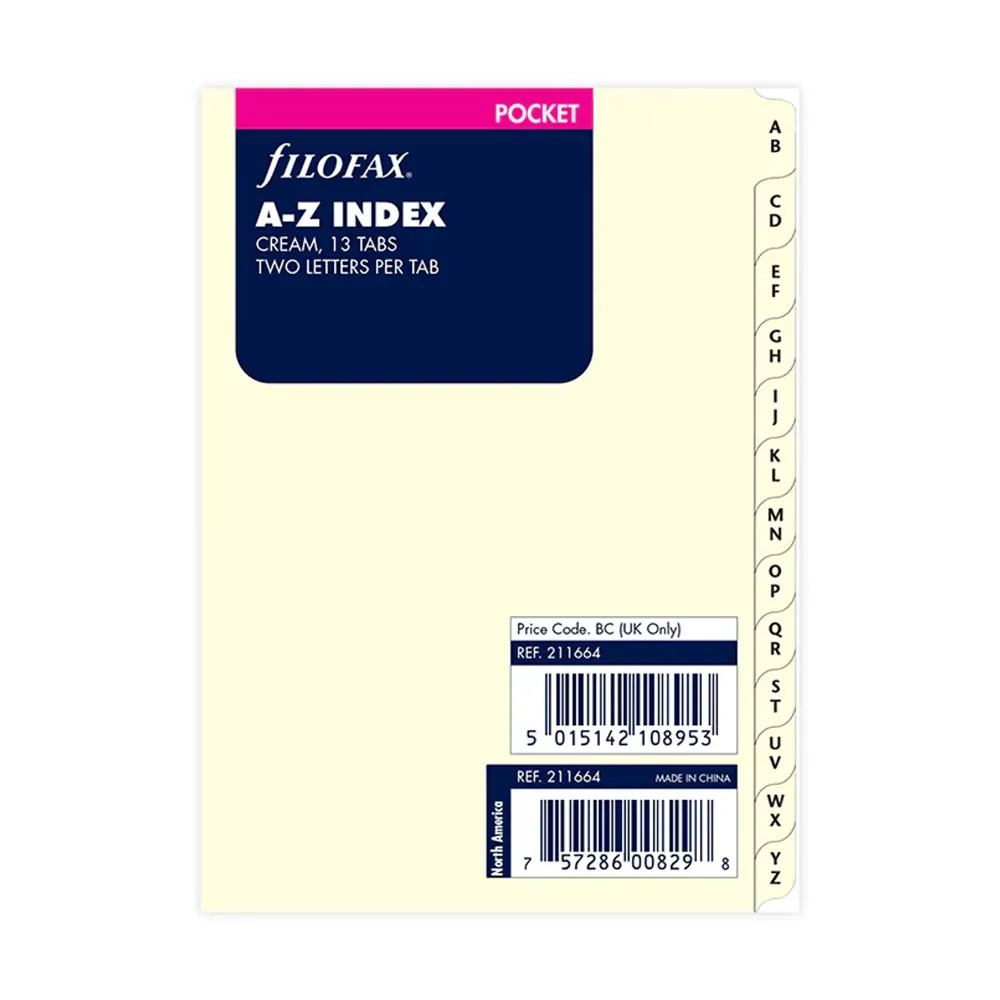 Пълнител за органайзер Filofax Pocket A-Z Index Cream - нелинирани кремави листа