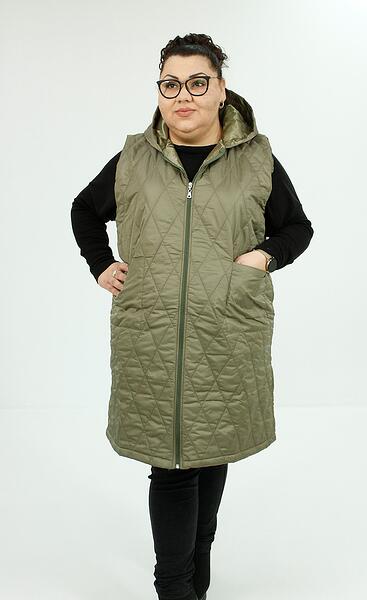 Дълга зелена грейка с качулка - ефект ромб