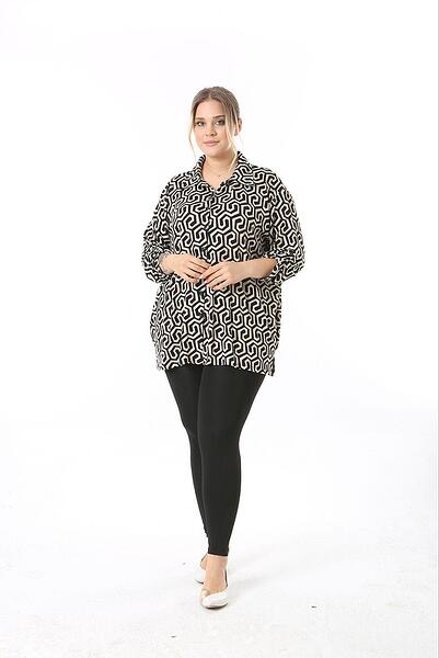Дамска еластична риза, черно-бежова орнаментика