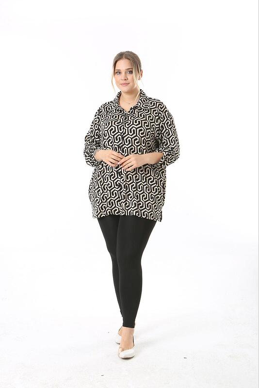 Дамска еластична риза, черно-бежова орнаментика