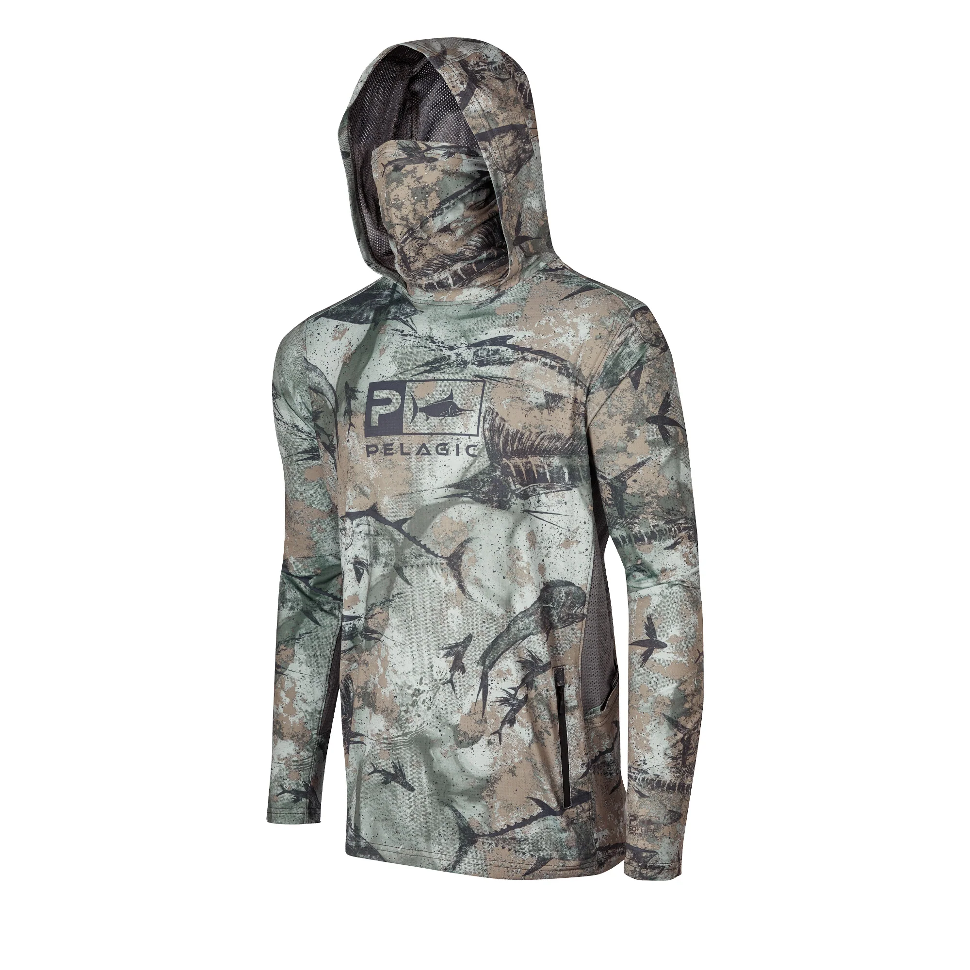 UV hooded top with face mask PELAGIC UPF 50+ EXO-TECH HOODED FISHING SHIRT  OPEN SEAS ARMY