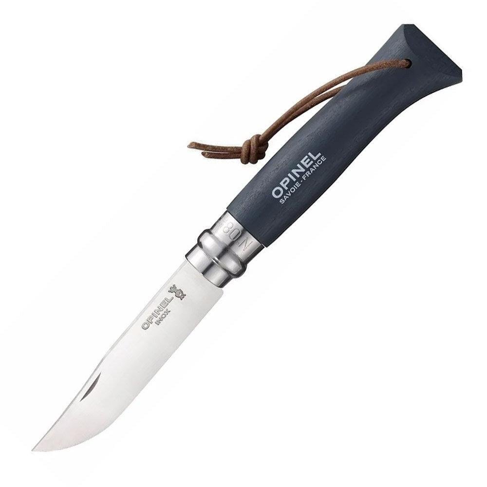 Сгъваем нож Opinel Colour N8 - сива дръжка от бук и текстилна връзка