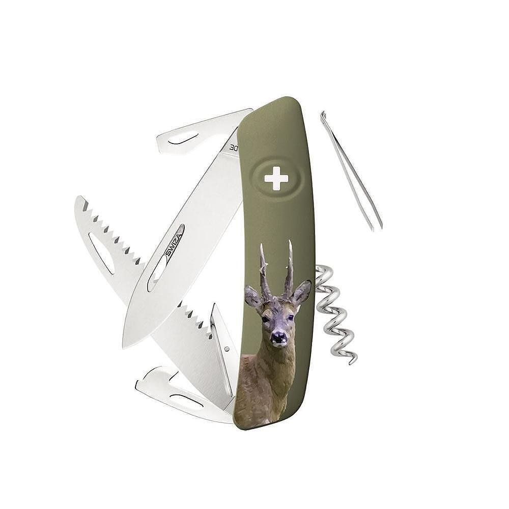 Швейцарско ножче SWIZA - D05 Hunting Roe Olive, 7.5см острие, 12x функции, зелено