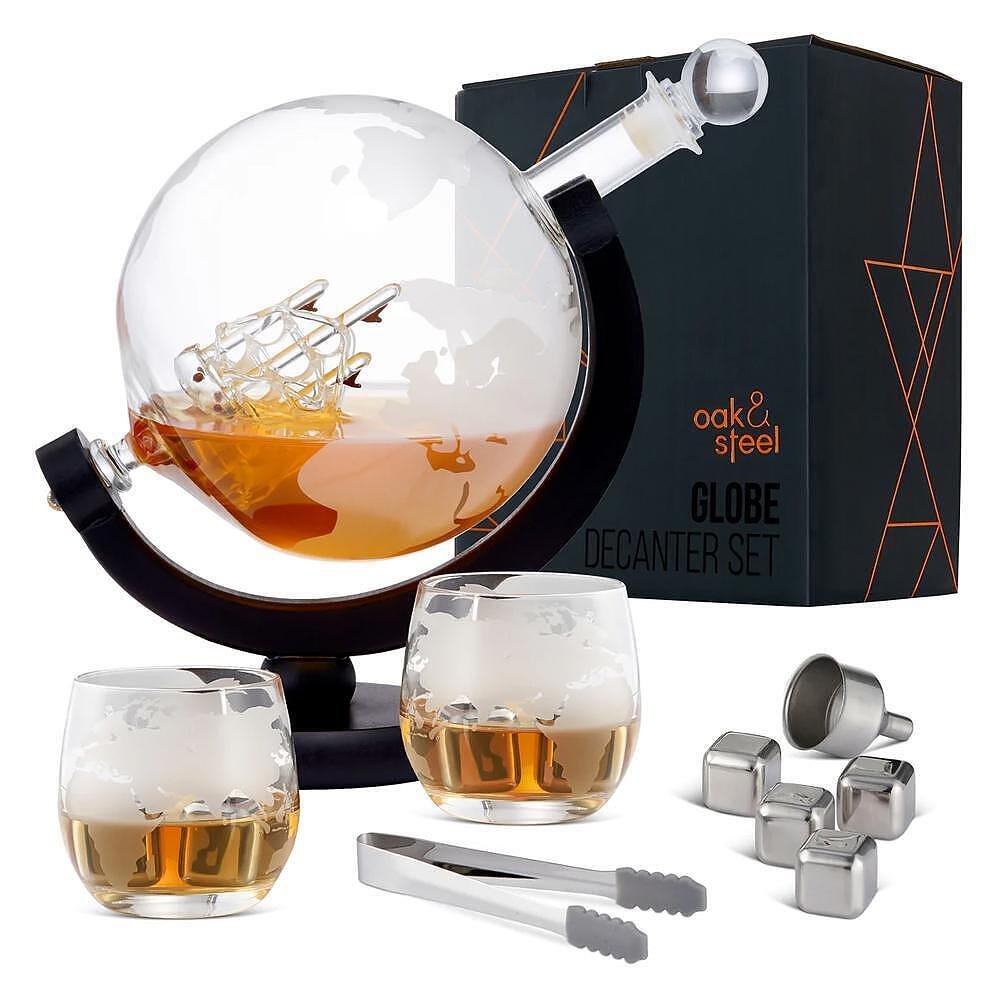 Уиски сет Oak & Steel World Globe - декантер, 2 чаши и аксесоари