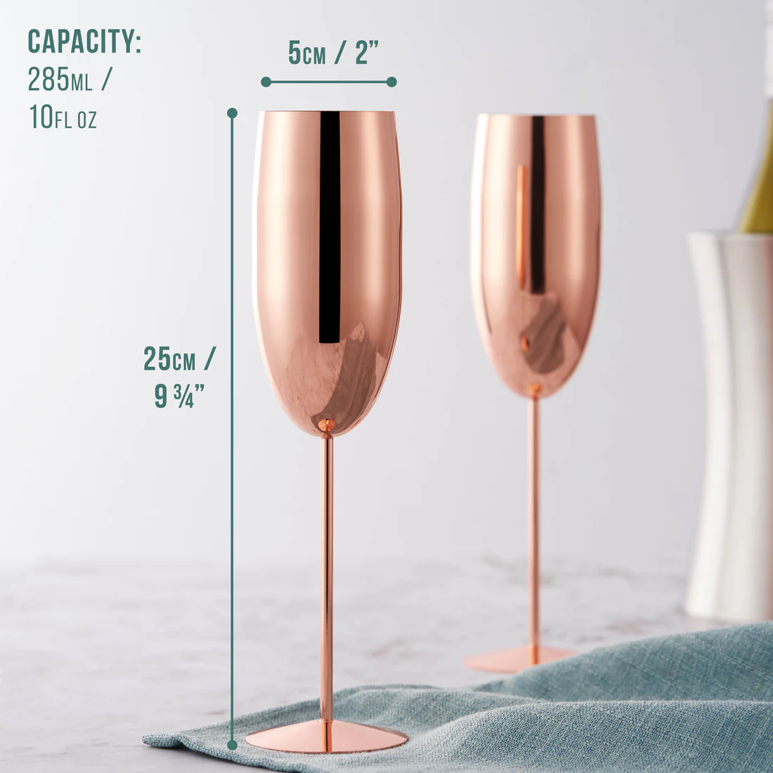 Чаши за пенливо вино Oak&Steel - Rose Gold Flutes, 4x по 285мл, неръждаема стомана, розово злато - 2