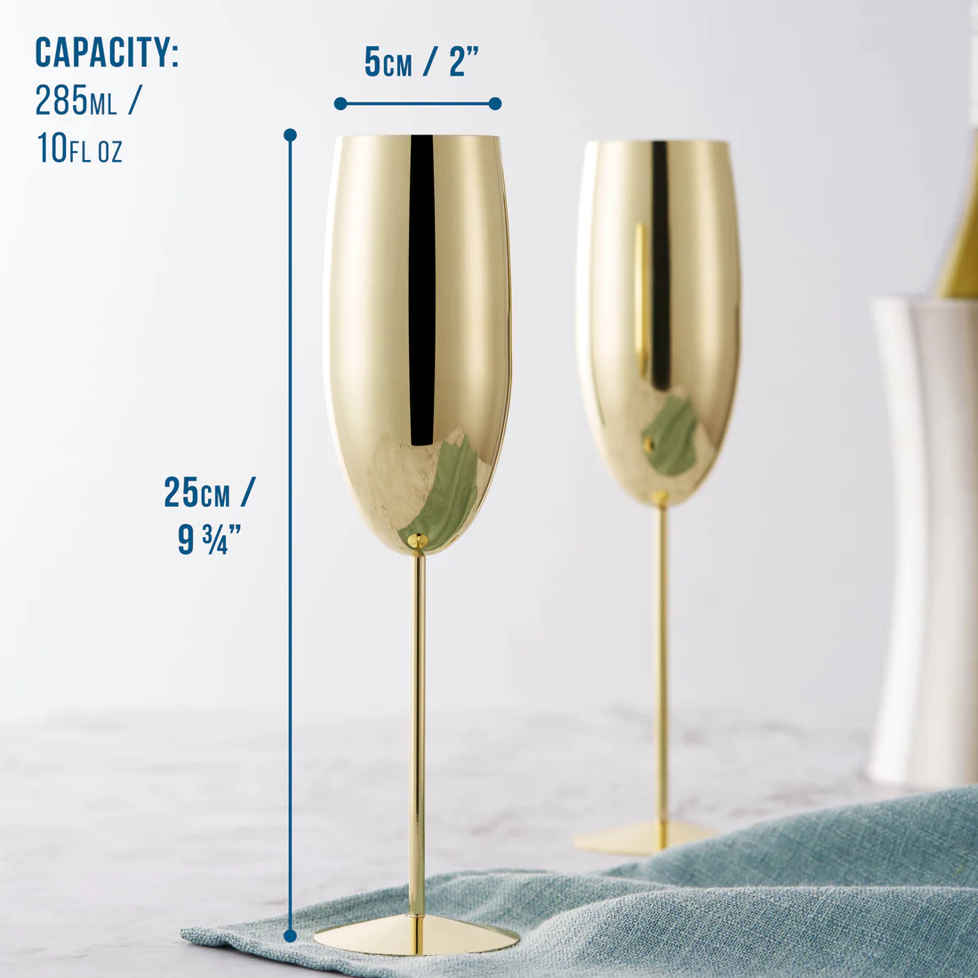 Чаши за пенливо вино Oak&Steel - Gold Flutes, 4x по 285мл, неръждаема стомана, златисти - 2