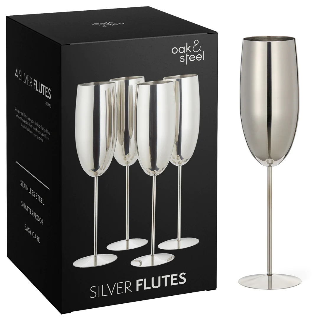 Чаши за пенливо вино Oak&Steel - Silver Flutes, 4x по 285мл, неръждаема стомана, сребристи - 2
