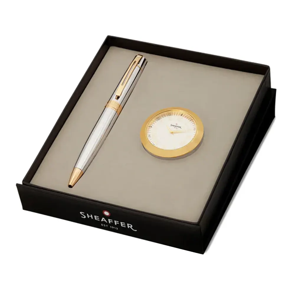 Комплект Sheaffer - химикалка 300 Bright Chrome и настолен часовник