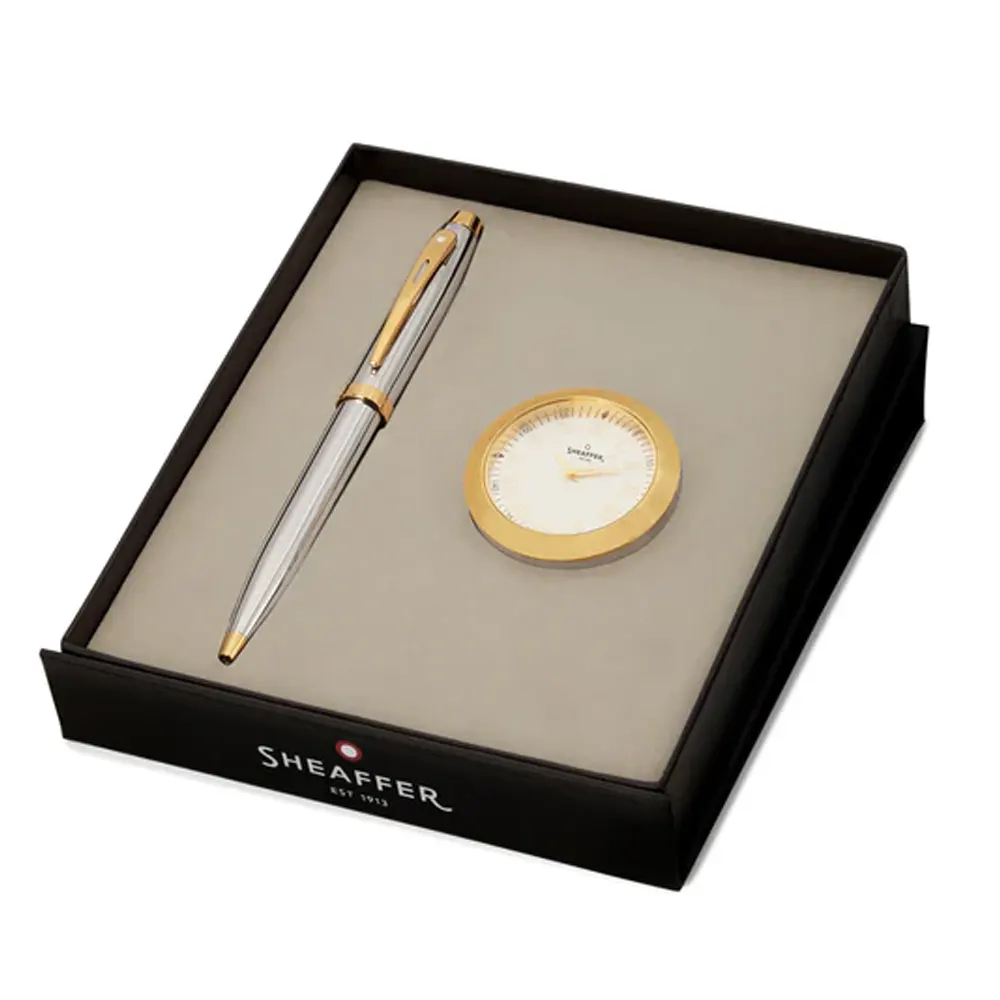 Комплект Sheaffer - химикалка 100 Bright Chrome и настолен часовник