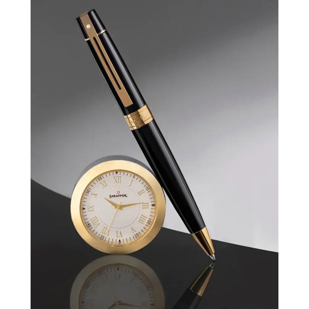 Комплект Sheaffer - химикалка 300 Glossy Black и настолен часовник - 4
