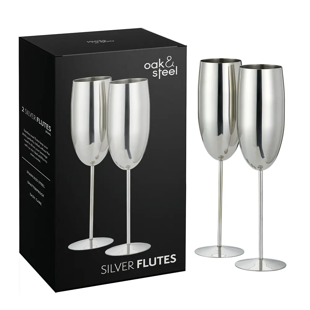 Чаши за пенливо вино Oak&Steel - Champagne Silver Flutes, 2x по 285мл, сребристи - 3