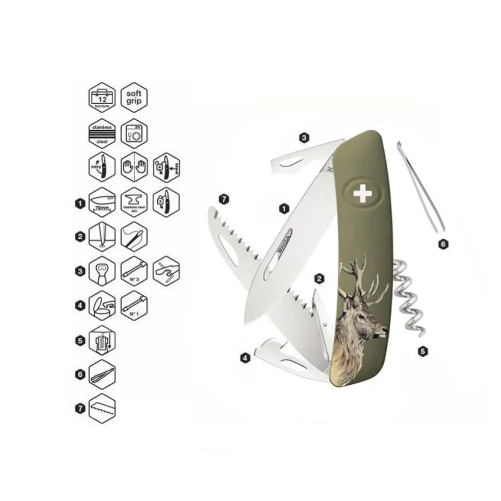 Швейцарско ножче SWIZA - D05 Hunting Deer Olive, 7.5см острие, 12x функции, зелено - 3