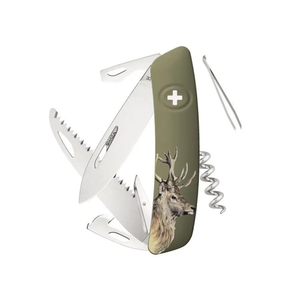 Швейцарско ножче SWIZA - D05 Hunting Deer Olive, 7.5см острие, 12x функции, зелено
