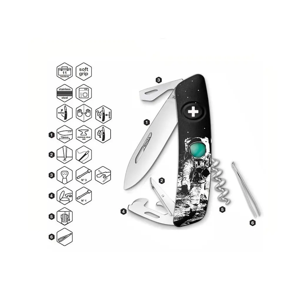 Швейцарско ножче SWIZA - D03 Moonwalk 50 Edition, 7.5см острие, 11x функции, черно - 2