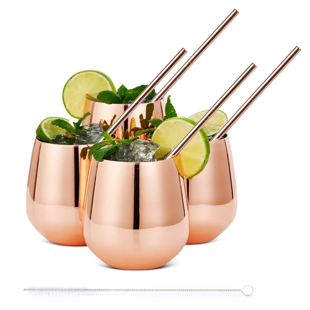 Чаши за коктейли Oak&Steel - Rose Gold Tumblers, 4 чаши по 350мл и 4 сламки