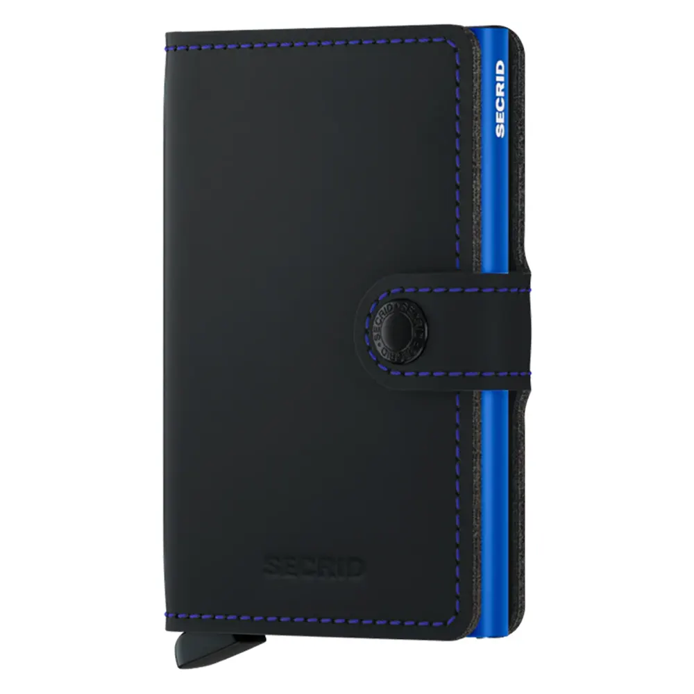 Портфейл SECRID - Mini Matte Black & Blue, естествена кожа, с RFID защита